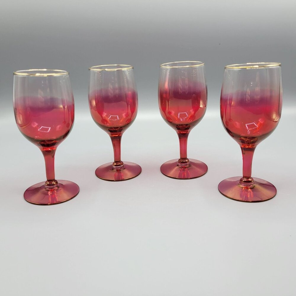 Vintage Set Of 4 MCM Cranberry Ombre Wine Glasses With Gold Rim Accent #2